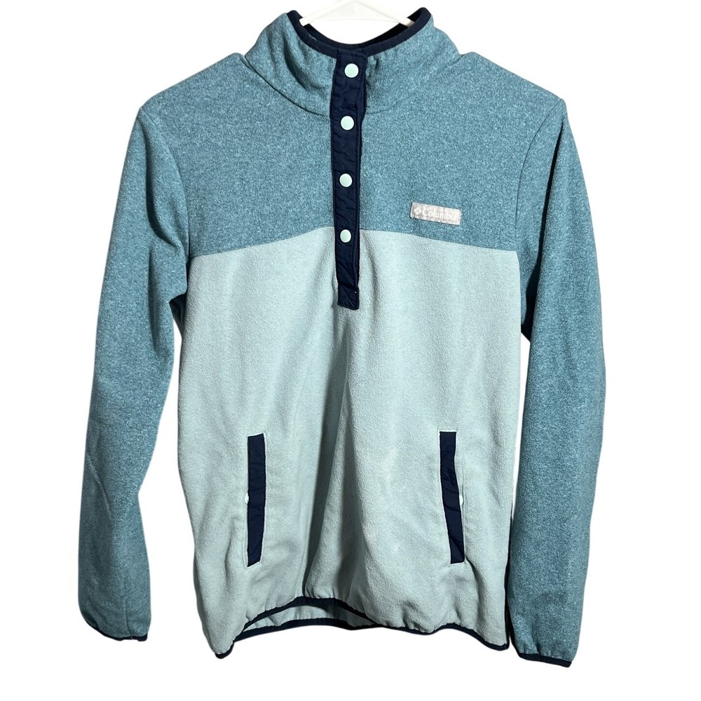 Columbia Women's Size M Fleece Pullover Sweater Blue Teal Snap Neck Pockets